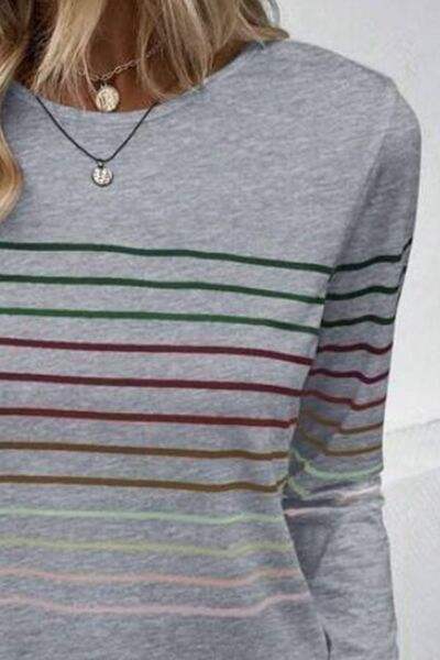 Striped Round Neck Long Sleeve T-Shirt Women's T-Shirts - Tophatter Daily Deals