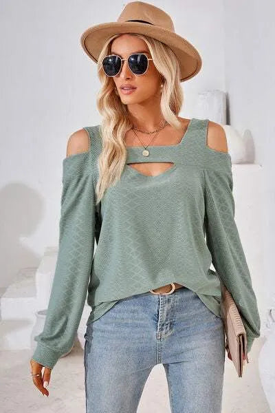 Cutout Square Neck Cold Shoulder T-Shirt Gum Leaf Women's T-Shirts - Tophatter Daily Deals