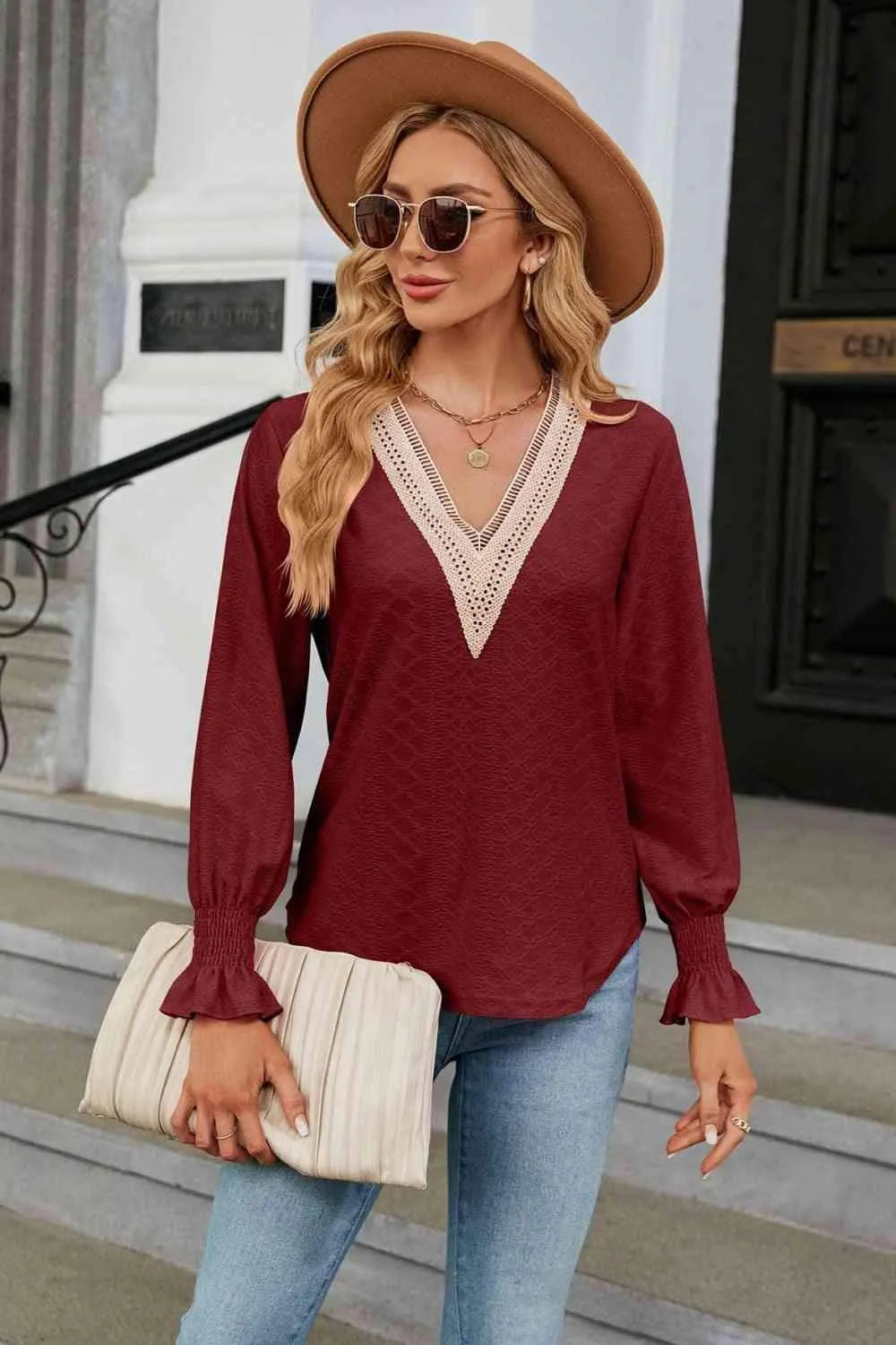 V-Neck Flounce Sleeve Blouse Wine Blouses - Tophatter Daily Deals