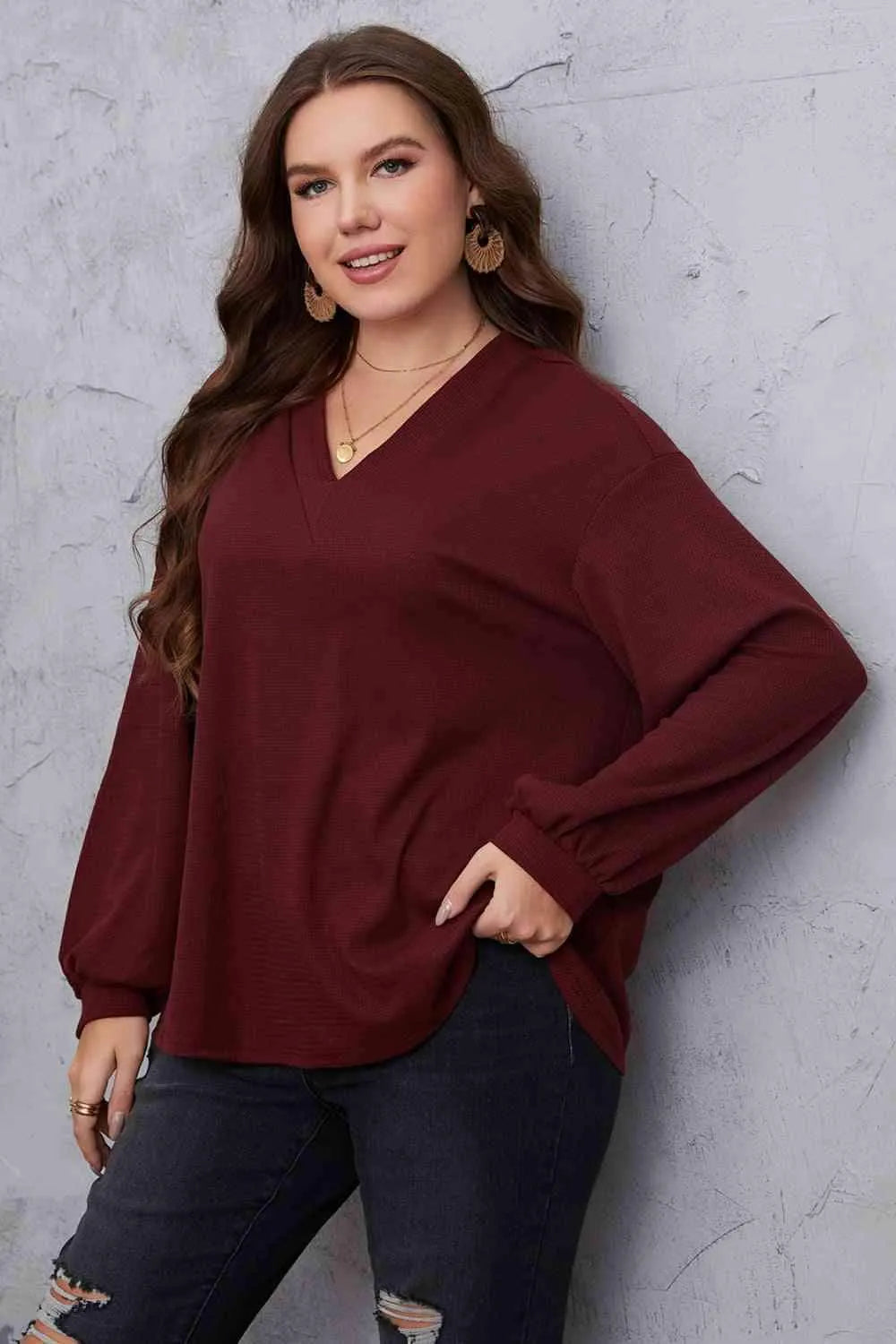 Melo Apparel Plus Size V-Neck Dropped Shoulder Blouse Blouses - Tophatter Daily Deals