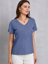 V-Neck Short Sleeve T-Shirt Dusty Blue Women's T-Shirts - Tophatter Daily Deals