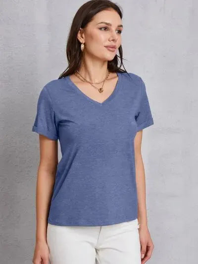 V-Neck Short Sleeve T-Shirt Dusty Blue Women's T-Shirts - Tophatter Daily Deals
