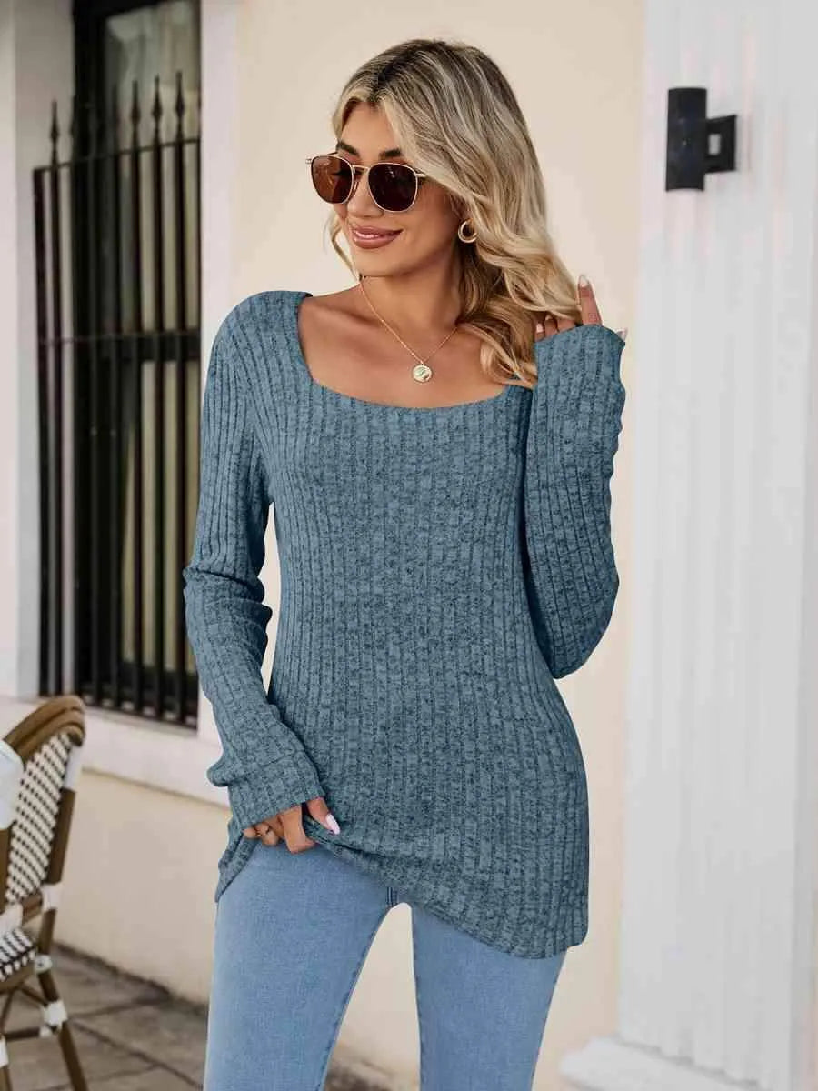 Square Neck Ribbed Long Sleeve T-Shirt Dusty Blue Women's T-Shirts - Tophatter Daily Deals