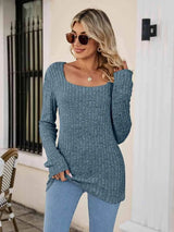 Square Neck Ribbed Long Sleeve T-Shirt Dusty Blue Women's T-Shirts - Tophatter Daily Deals