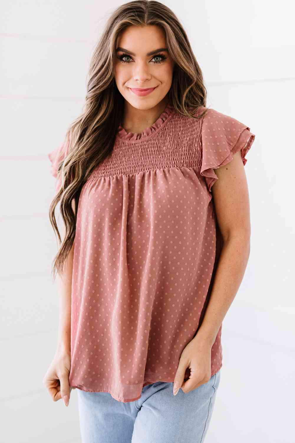 Polka Dot Smocked Flutter Sleeve Blouse Pink Blouses - Tophatter Daily Deals