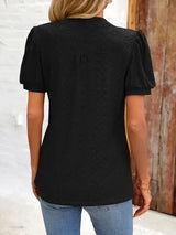 Eyelet Notched Puff Sleeve T-Shirt Women's T-Shirts - Tophatter Daily Deals