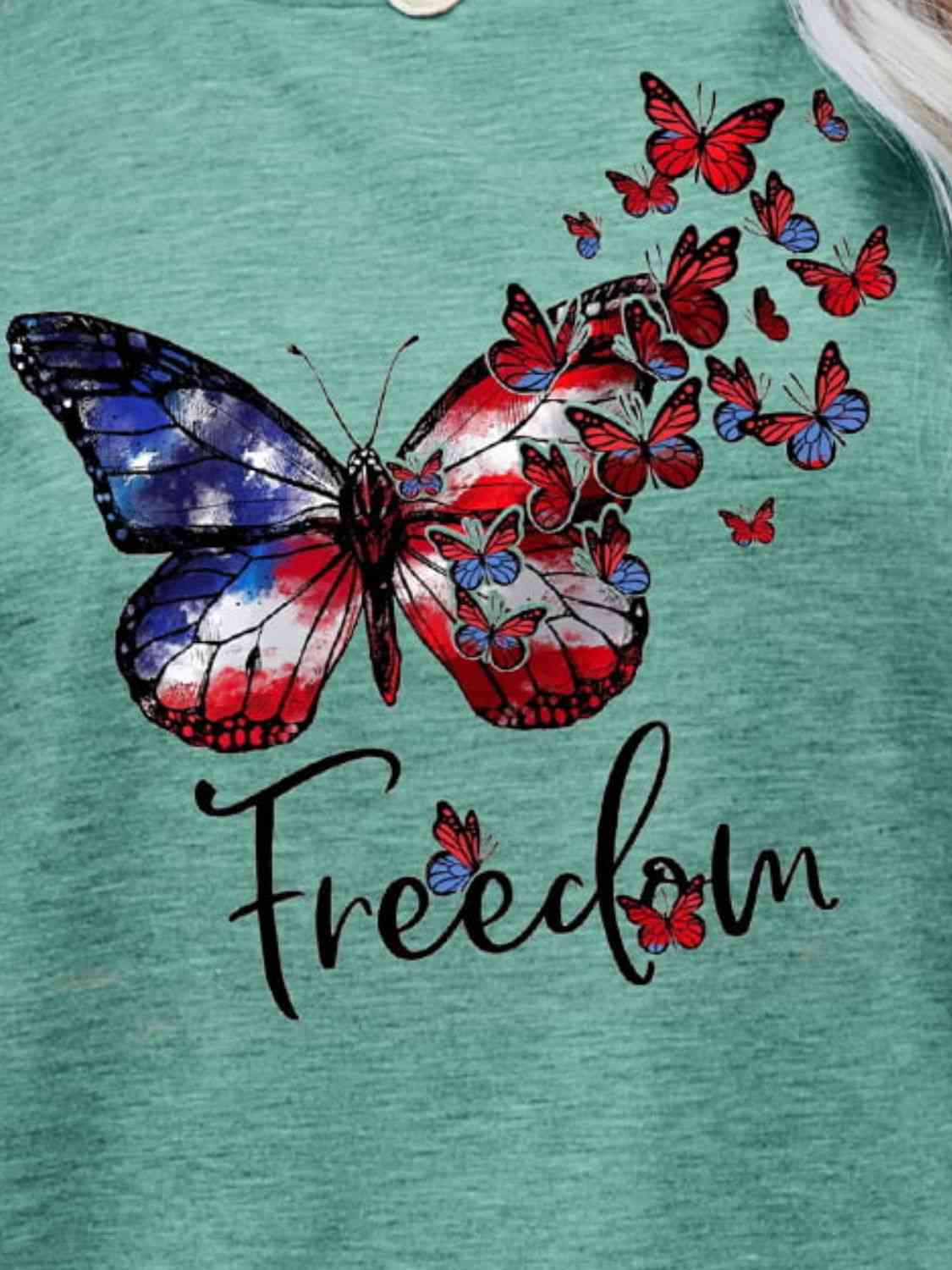 FREEDOM Butterfly Graphic Short Sleeve Tee Women's T-Shirts - Tophatter Daily Deals