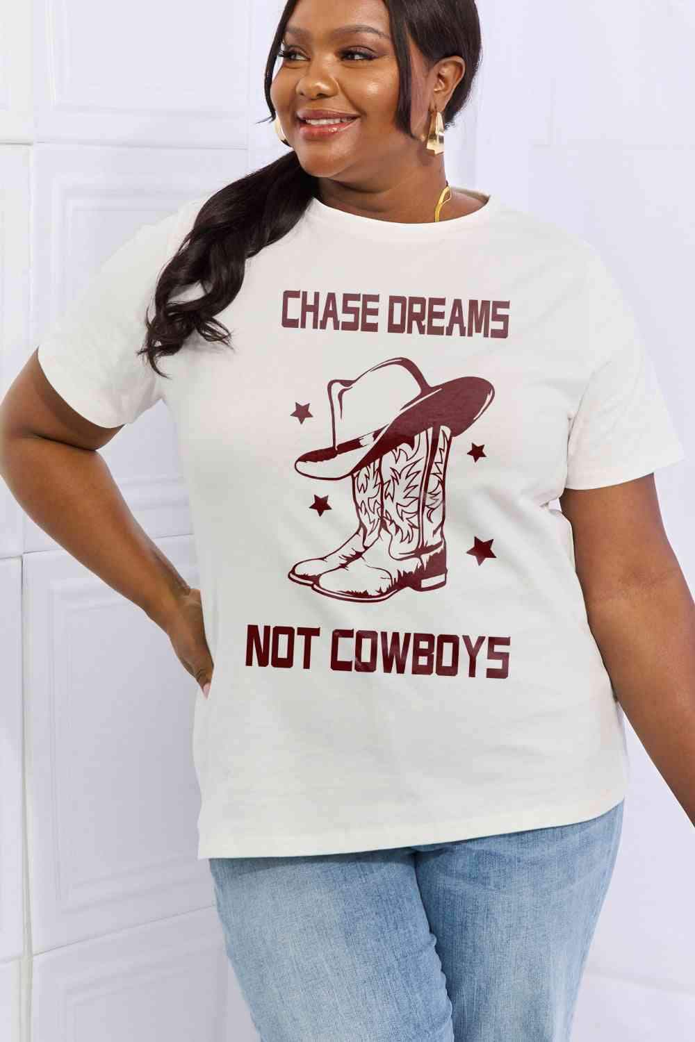 Simply Love Simply Love Full Size CHASE DREAMS NOT COWBOYS Graphic Cotton Tee Bleach - Tophatter Daily Deals