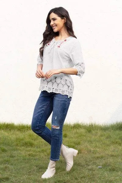Tie Neck Lace Detail Half Sleeve Blouse Blouses - Tophatter Daily Deals