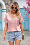 Contrast Trim Short Sleeve Plunge Blouse Blush Pink Blouses - Tophatter Daily Deals