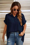 Notched Neck Slit Cuffed Blouse Navy Blouses - Tophatter Daily Deals