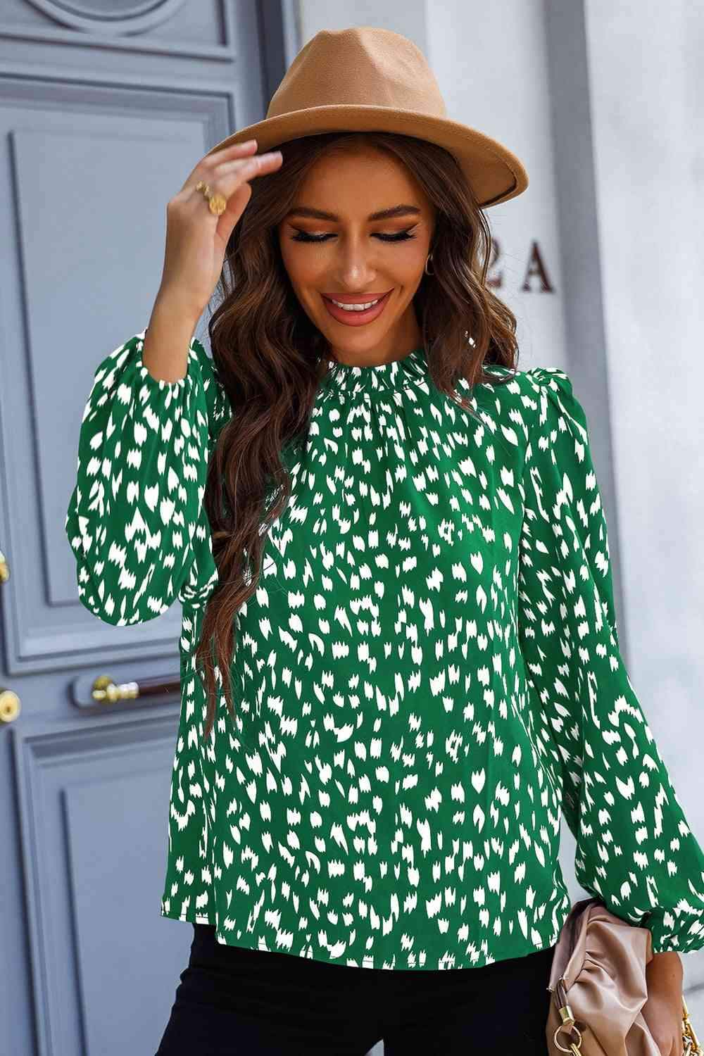 Printed Mock Neck Puff Sleeve Blouse Blouses - Tophatter Daily Deals