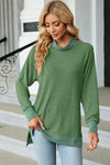 Slit Mock Neck Long Sleeve T-Shirt Mid Green Women's T-Shirts - Tophatter Daily Deals