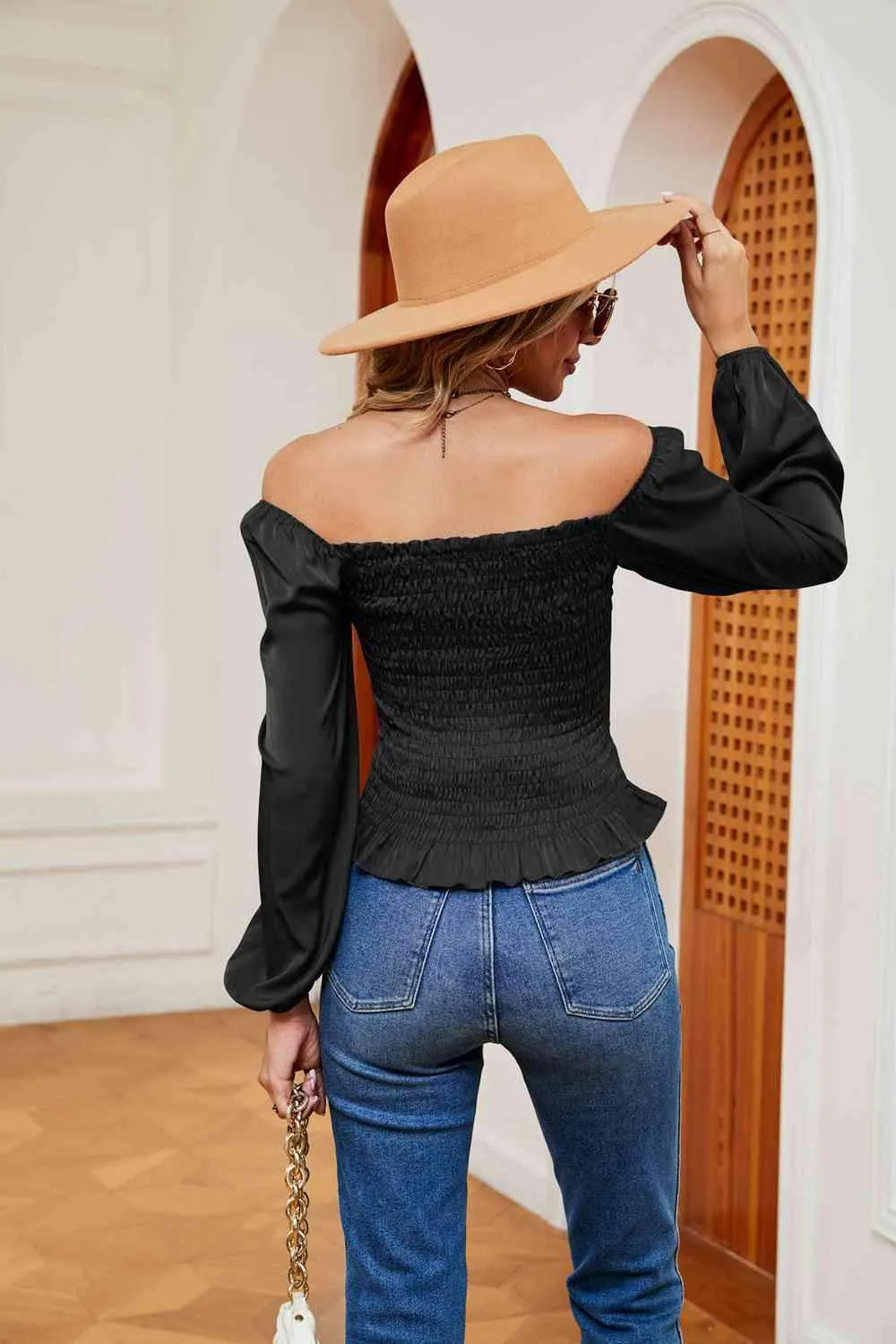 Smocked Off-Shoulder Ruffle Hem Blouse Blouses - Tophatter Daily Deals