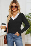 Lace Detail V-Neck Long Sleeve T-Shirt Black Women's T-Shirts - Tophatter Daily Deals