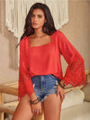 Square Neck Lace Detail Long Sleeve Blouse - Tophatter Deals