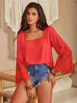 Square Neck Lace Detail Long Sleeve Blouse Red Orange Blouses - Tophatter Daily Deals
