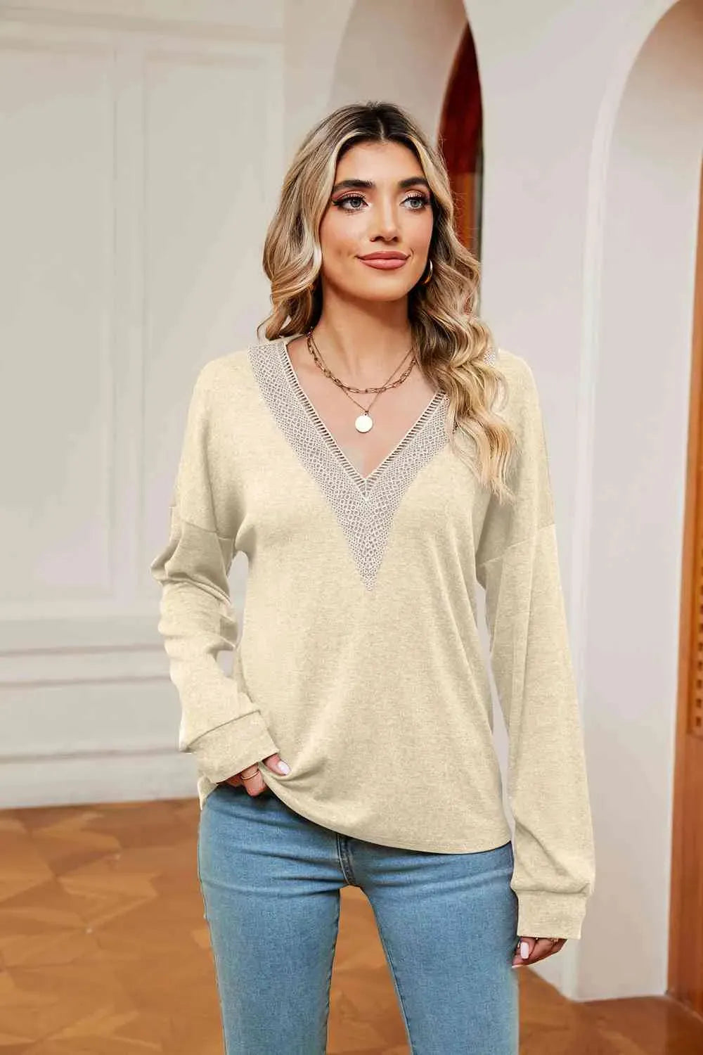 Contrast V-Neck Long Sleeve Blouse Pastel Yellow Blouses - Tophatter Daily Deals