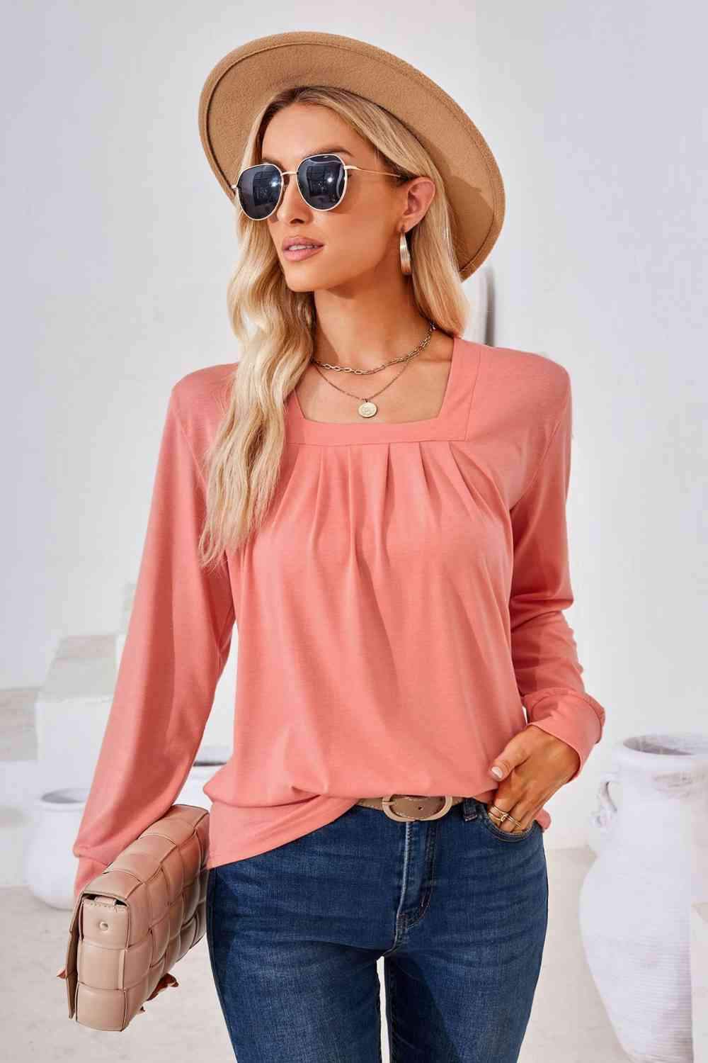 Square Neck Ruched Long Sleeve Blouse Burnt Coral Blouses - Tophatter Daily Deals