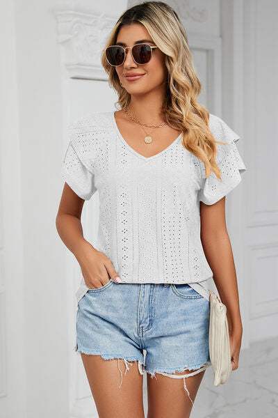 Eyelet V-Neck Short Sleeve T-Shirt Women's T-Shirts - Tophatter Daily Deals