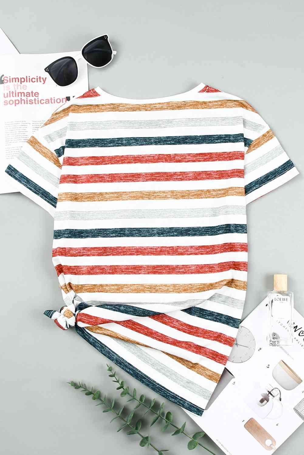 Striped V-Neck Short Sleeve Tee Women's T-Shirts - Tophatter Daily Deals