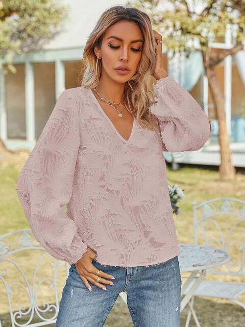 V-Neck Long Sleeve Blouse Blush Pink Blouses - Tophatter Daily Deals