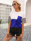 Striped Color Block Round Neck Tee Royal Blue Women's T-Shirts - Tophatter Daily Deals