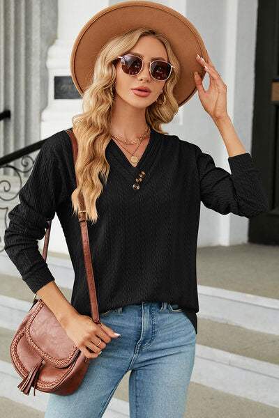 Decorative Button V-Neck Long Sleeve T-Shirt Women's T-Shirts - Tophatter Daily Deals