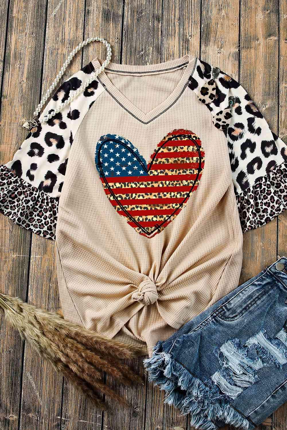 Star and Stripe Heart Graphic Leopard Top Women's T-Shirts - Tophatter Daily Deals