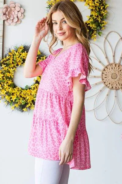 Heimish Full Size Leopard Ruffle Trim Short Sleeve Top Blouses - Tophatter Daily Deals