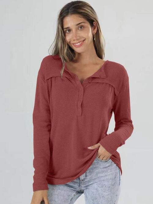 Half Button Long Sleeve T-Shirt Wine Women's T-Shirts - Tophatter Daily Deals