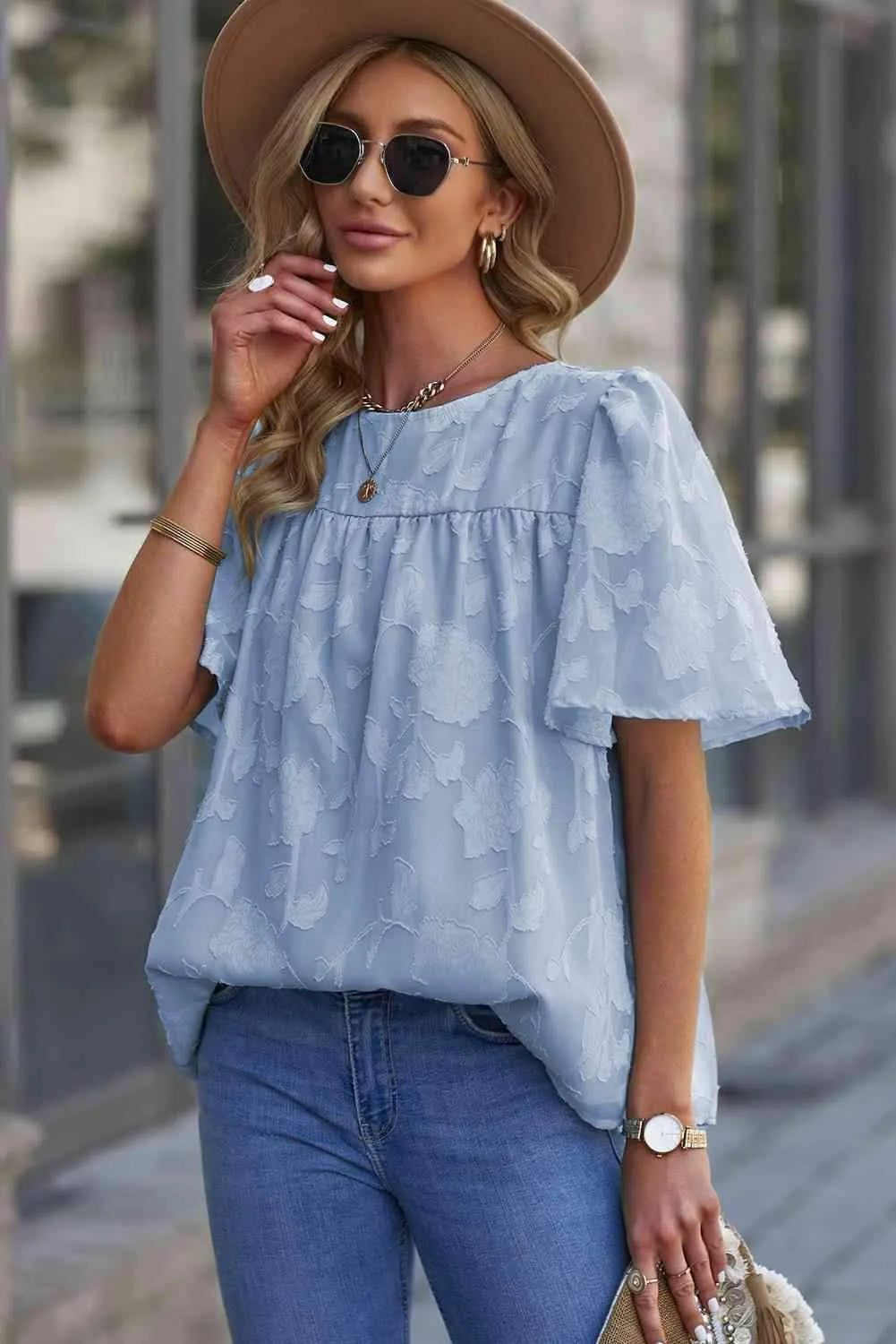 Round Neck Puff Sleeve Blouse Blouses - Tophatter Daily Deals