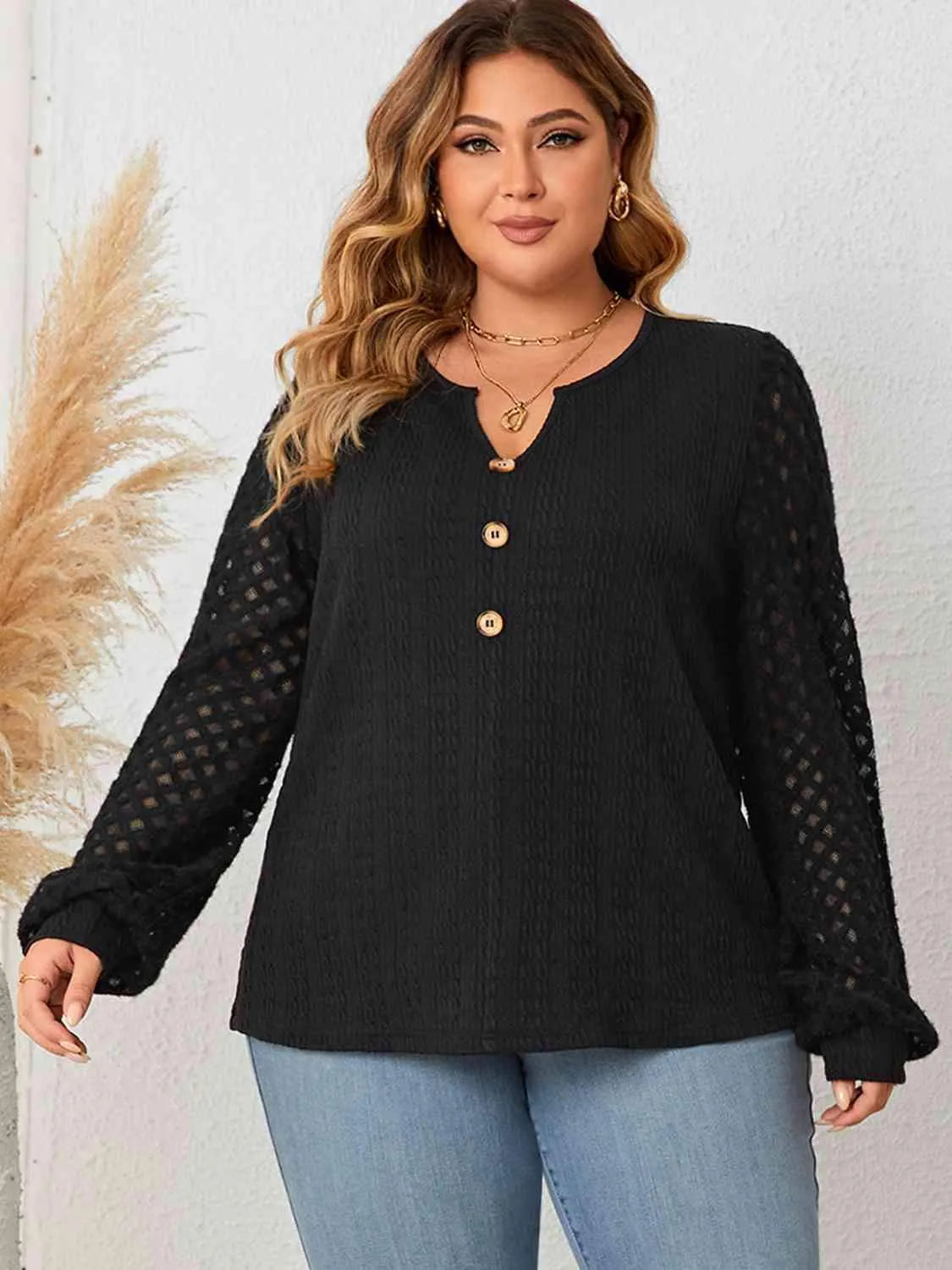 Plus Size Openwork Notched Button Front Blouse Black Blouses - Tophatter Daily Deals