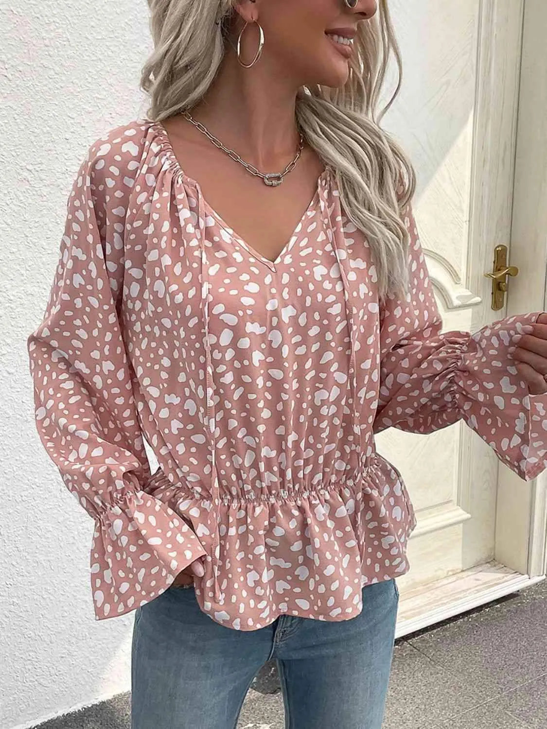 Printed Tie Neck Flounce Sleeve Peplum Top Blouses - Tophatter Daily Deals