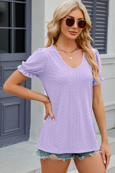 Eyelet Round Neck Flounce Sleeve T-Shirt Women's T-Shirts - Tophatter Daily Deals