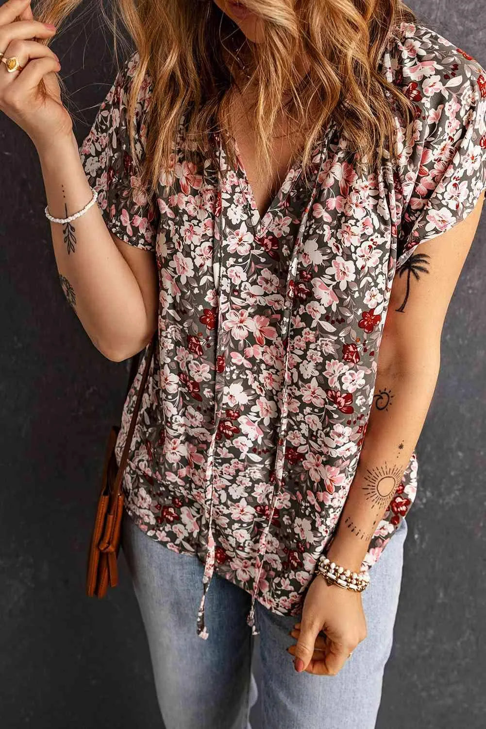Floral Flutter Sleeve Tie-Neck Blouse Multi Blouses - Tophatter Daily Deals