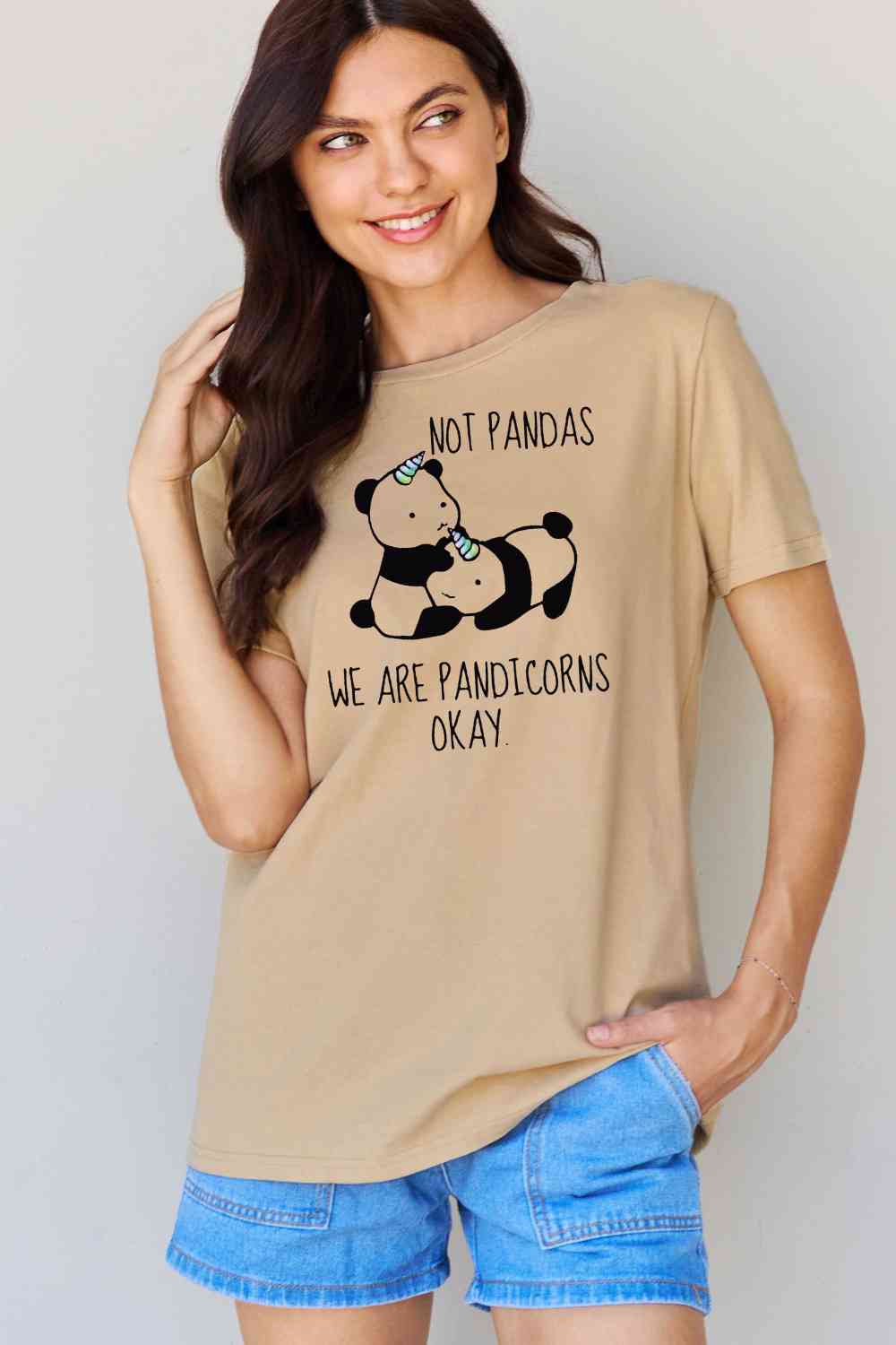 Simply Love Full Size Pandicorn Graphic Cotton T-Shirt Taupe Women's T-Shirts - Tophatter Daily Deals