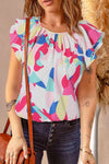 Multicolored Flutter Sleeve Round Neck Blouse Multicolor Blouses - Tophatter Daily Deals