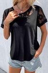 Spliced Lace Round Neck Short Sleeve Top Blouses - Tophatter Daily Deals