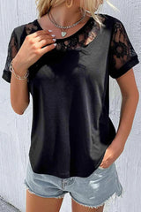 Spliced Lace Round Neck Short Sleeve Top Blouses - Tophatter Daily Deals