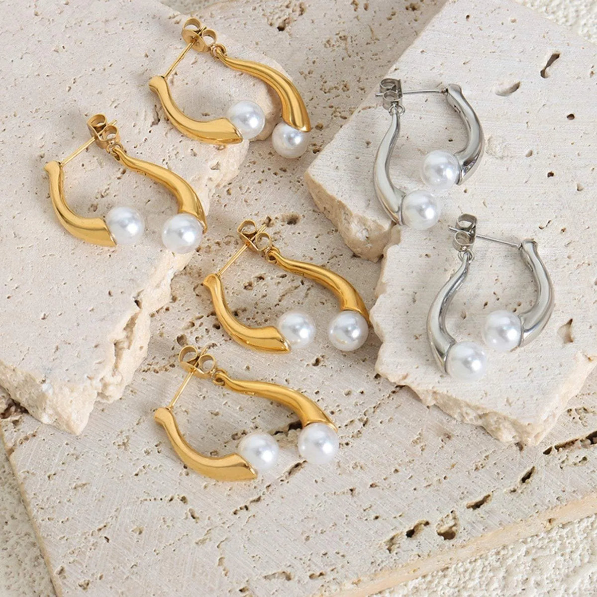 Synthetic Pearl Asymmetrical Titanium Steel Earrings Earrings - Tophatter Daily Deals