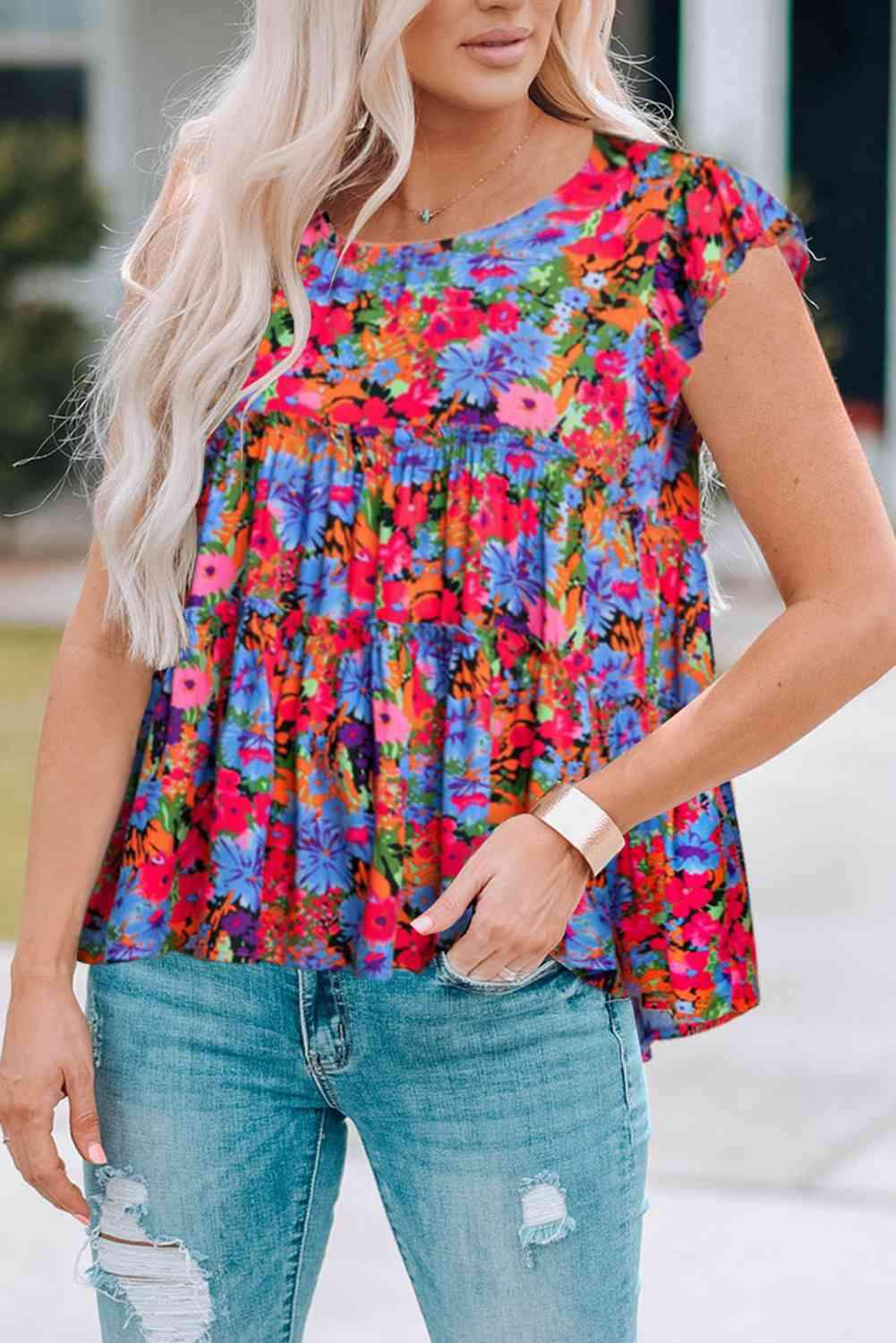 Floral Round Neck Frill Trim Blouse Blouses - Tophatter Daily Deals