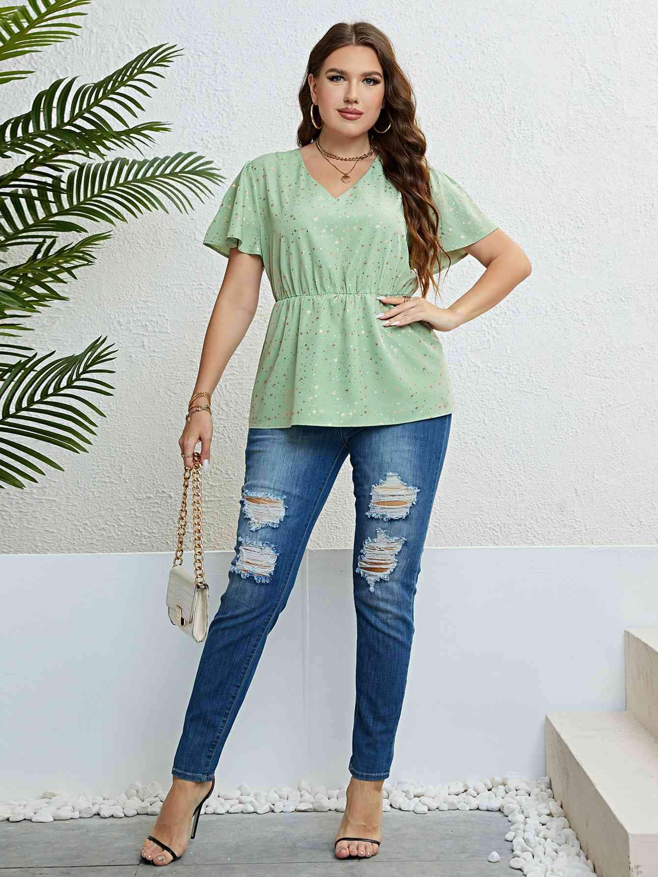 Star V-Neck Puff Sleeve Peplum Top Blouses - Tophatter Daily Deals