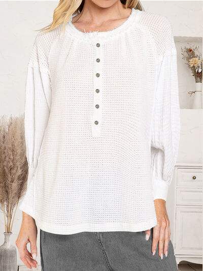 Waffle Knit Half Button Raw Hem Blouse White Blouses - Tophatter Daily Deals