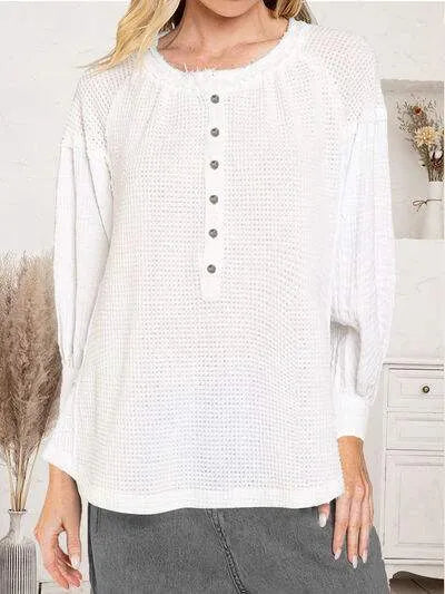 Waffle Knit Half Button Raw Hem Blouse White Blouses - Tophatter Daily Deals