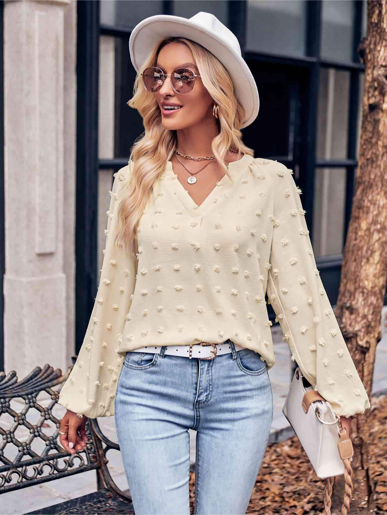 Swiss Dot Notched Neck Long Sleeve Blouse Blouses - Tophatter Daily Deals