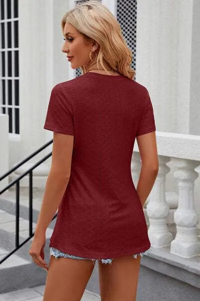 Eyelet Slit Round Neck Short Sleeve T-Shirt Women's T-Shirts - Tophatter Daily Deals