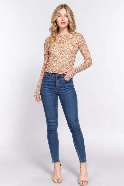ACTIVE BASIC Ruched Printed Long Sleeve Top Blouses - Tophatter Daily Deals