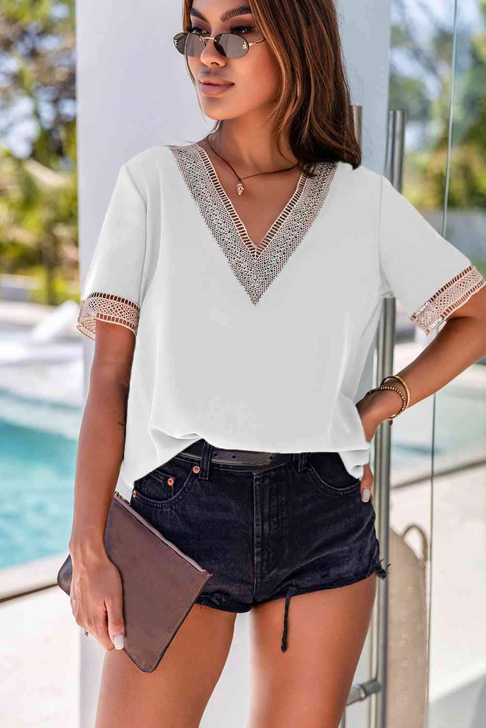 Contrast V-Neck Blouse Blouses - Tophatter Daily Deals