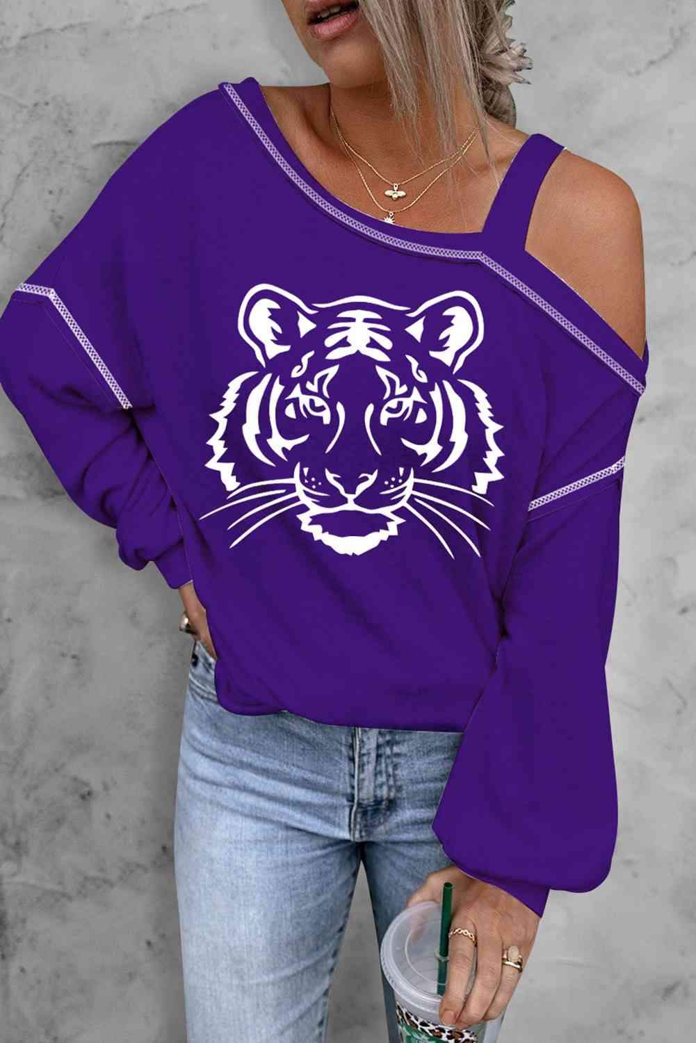 Tiger Graphic Long Sleeve Asymmetrical Neck Top Violet Blouses - Tophatter Daily Deals